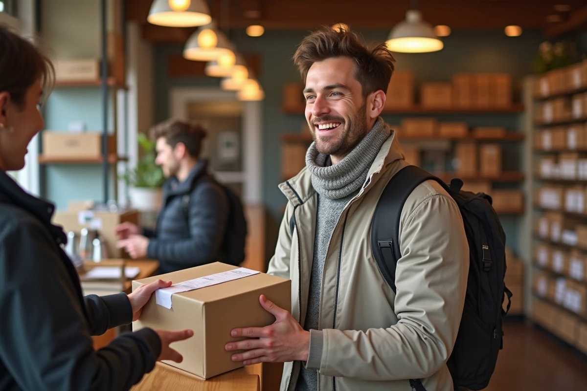 Homme dans une boutique de relais en train de remettre un colis