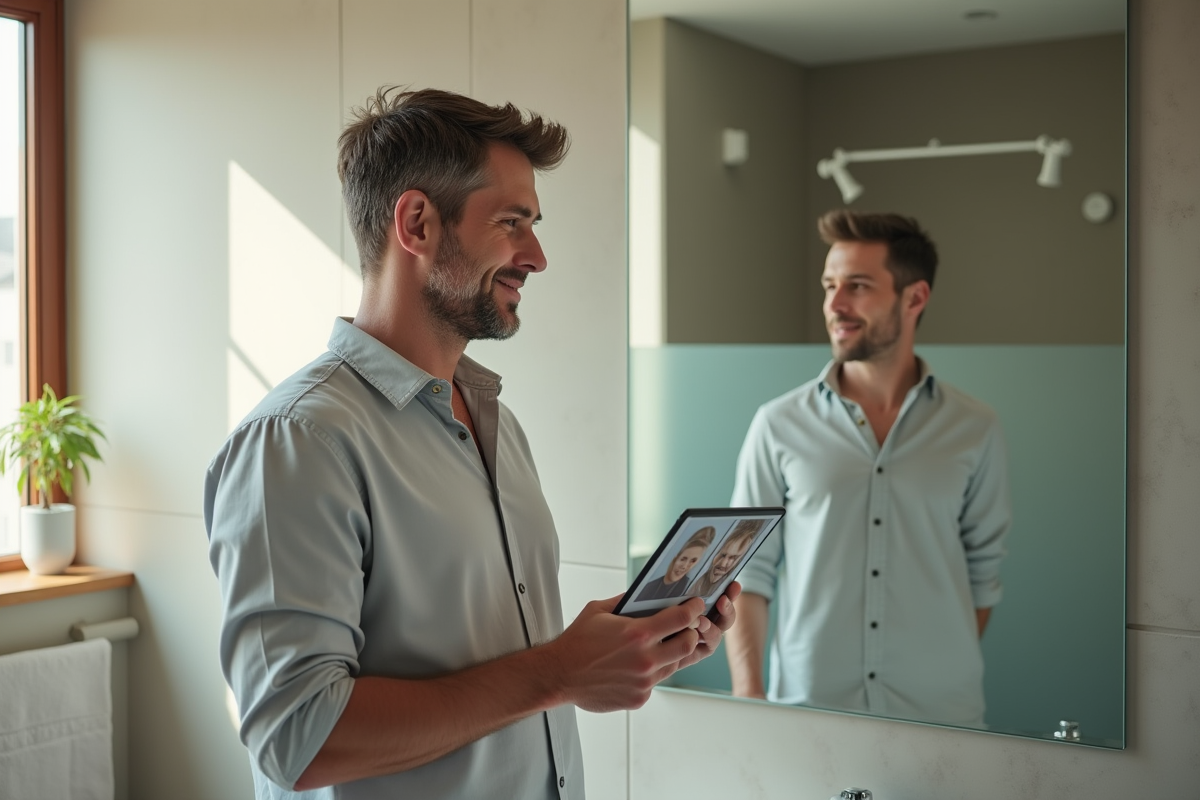 Homme utilisant une tablette pour tester des coiffures dans la salle de bain