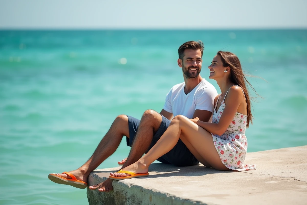 Homme et femme portant des claquettes poisson assorties assis au bord d'un ponton en béton, ambiance décontractée en bord de mer
