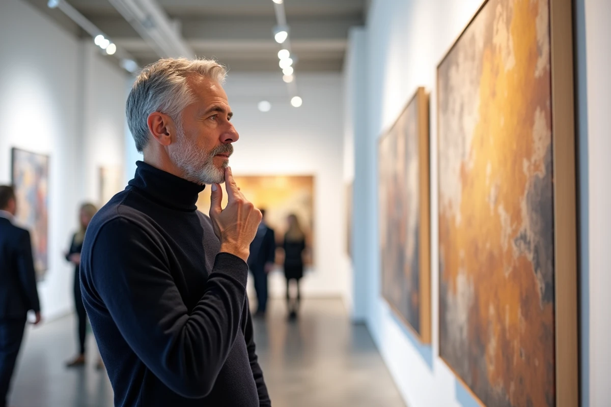 Homme distingué aux cheveux argentés contemplant une grande toile abstraite dans une galerie d'art contemporain haut de gamme