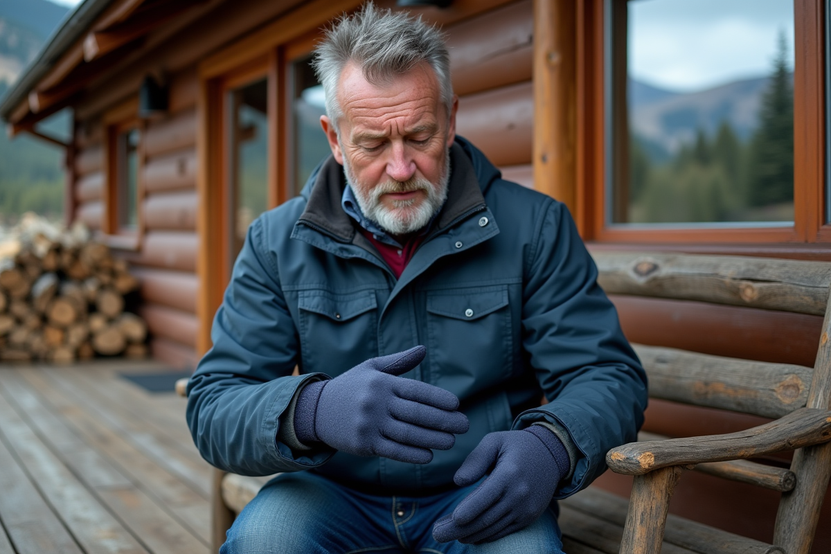 Homme examinant un gant polyester sur un banc en montagne