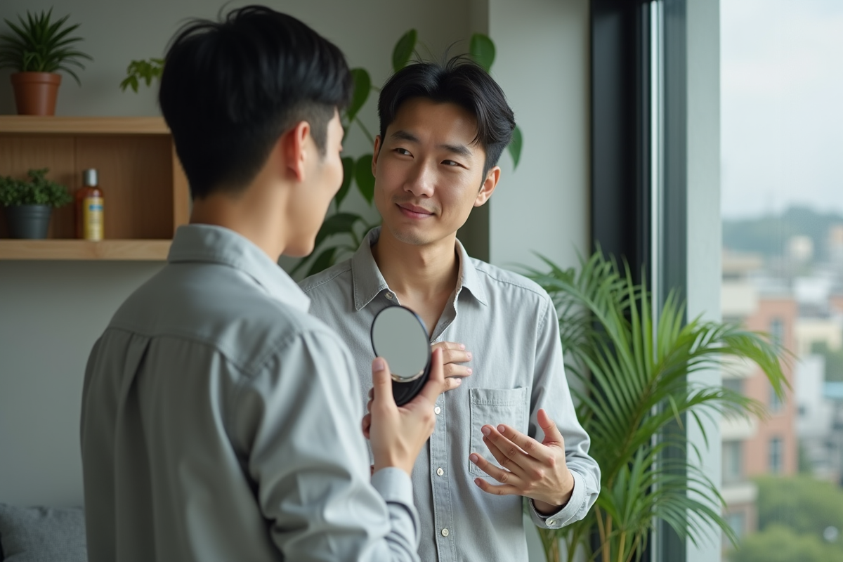 Homme coréen appliquant creme visage dans son appartement