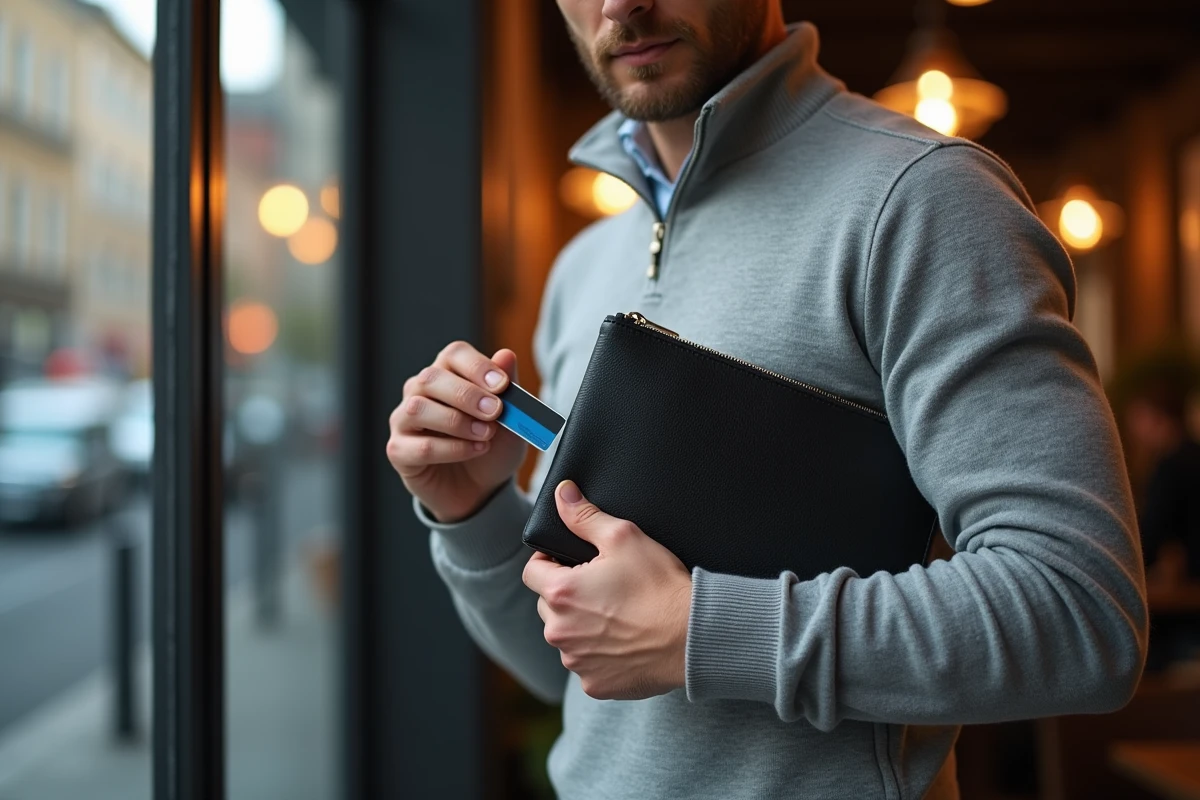 Homme glissant une carte bancaire dans une pochette en cuir noir près d'une fenêtre de café en ville