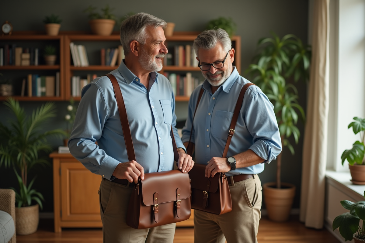 Homme essayant un sac en cuir dans son salon lumineux