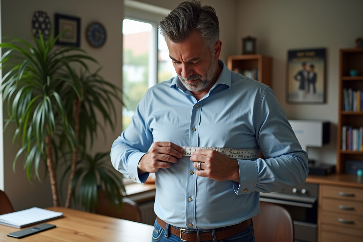 Homme mesurant son torse avec un ruban à la maison