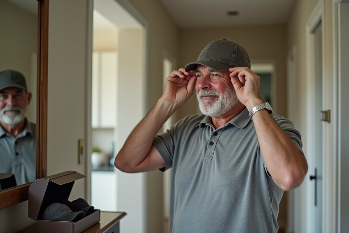 Homme ajuste une casquette dans un miroir à la maison