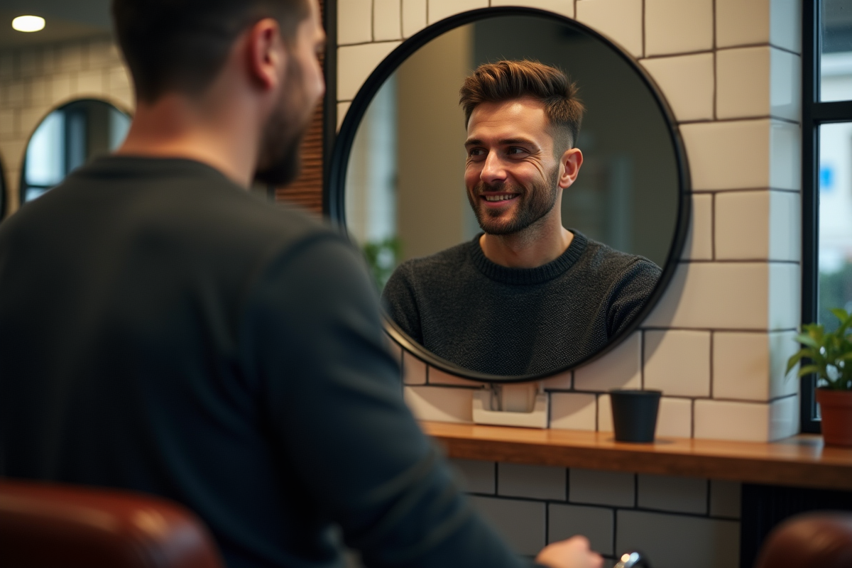 Homme regardant sa coupe dans un miroir vintage