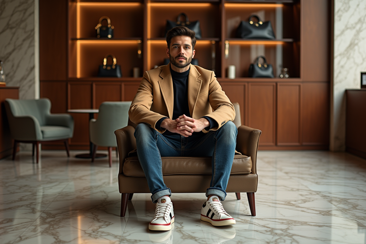 Homme en manteau tendance dans une boutique haut de gamme