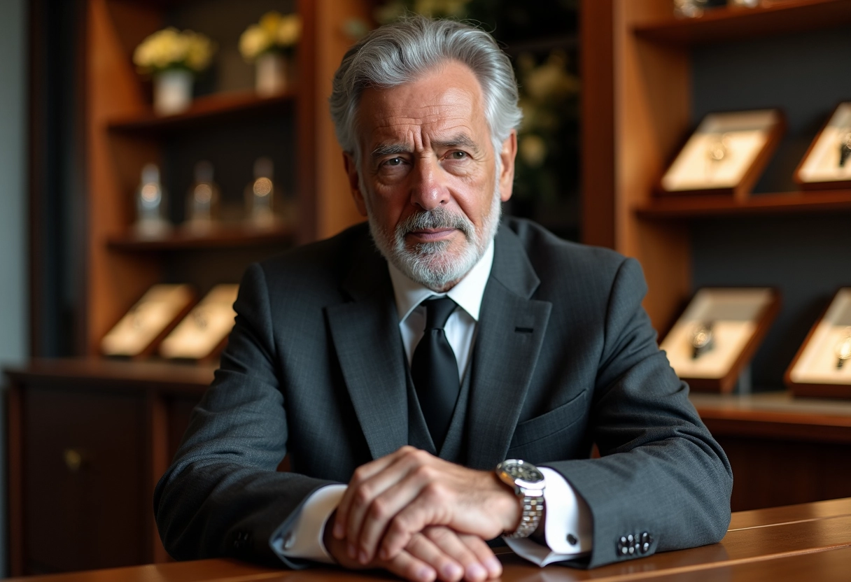 Homme distingué examine une montre de luxe en boutique