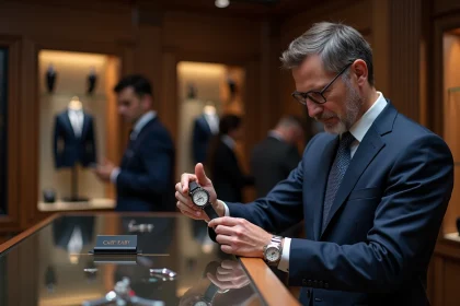 Homme &eacute;l&eacute;gant examinant une montre de luxe en boutique