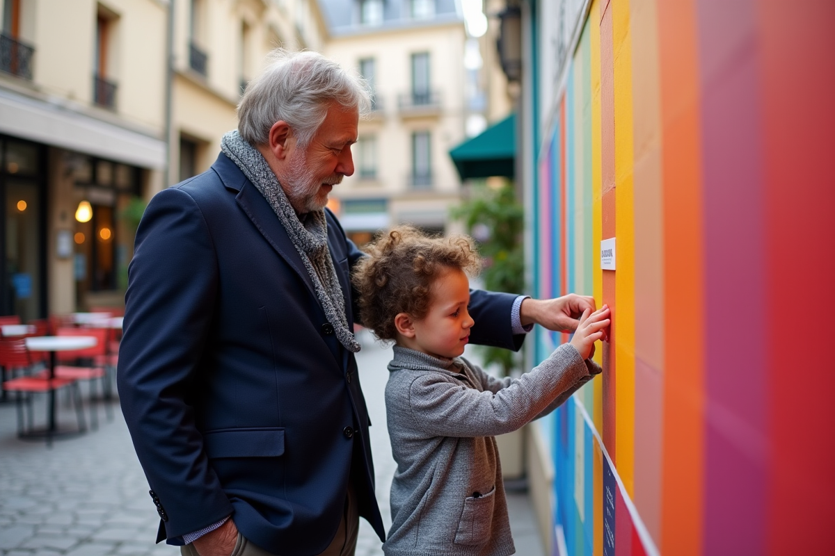 Homme en blazer expliquant les couleurs à un enfant devant un mur coloré