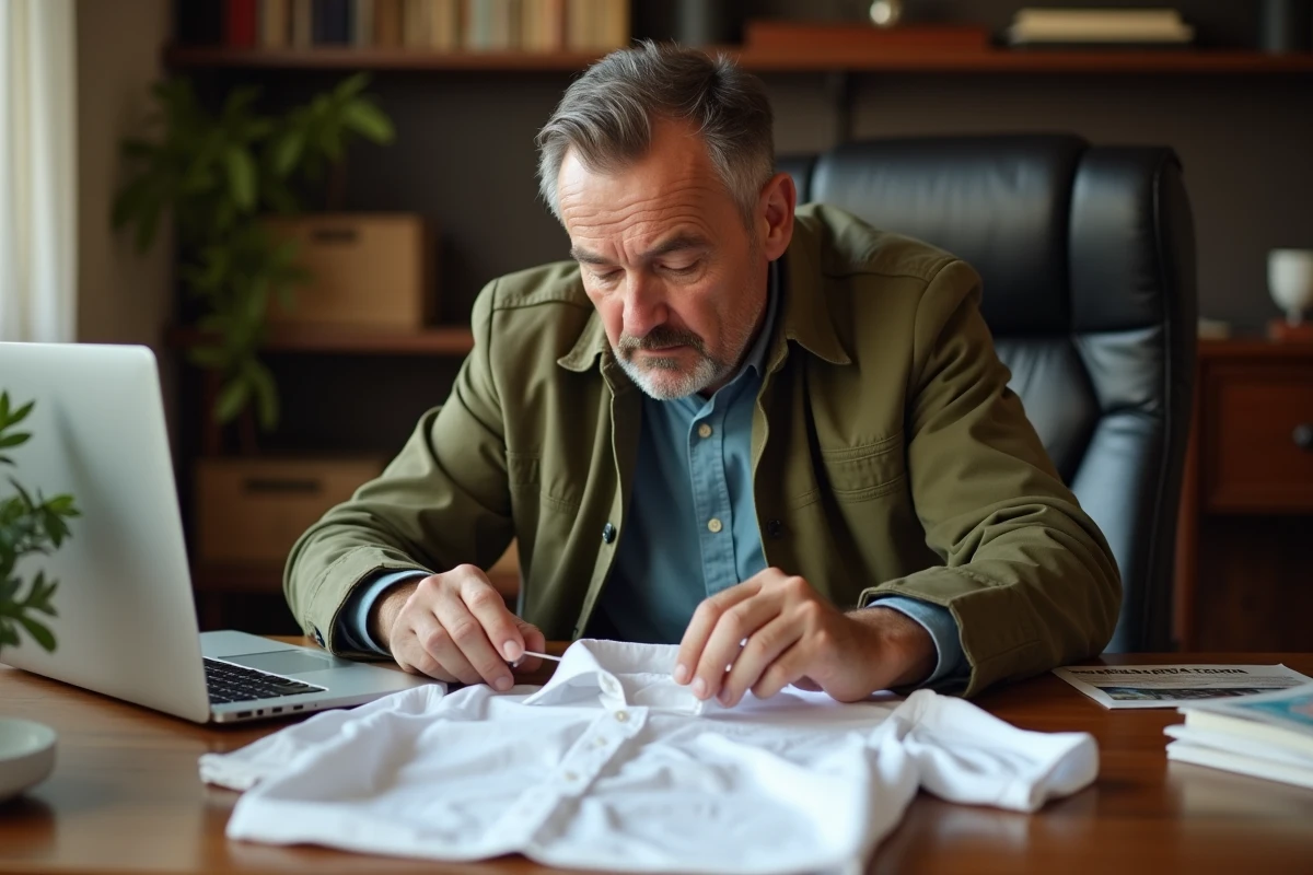 Homme utilisant incorrectement un outil de retrait d'antivol sur une chemise blanche posée sur un bureau en bois