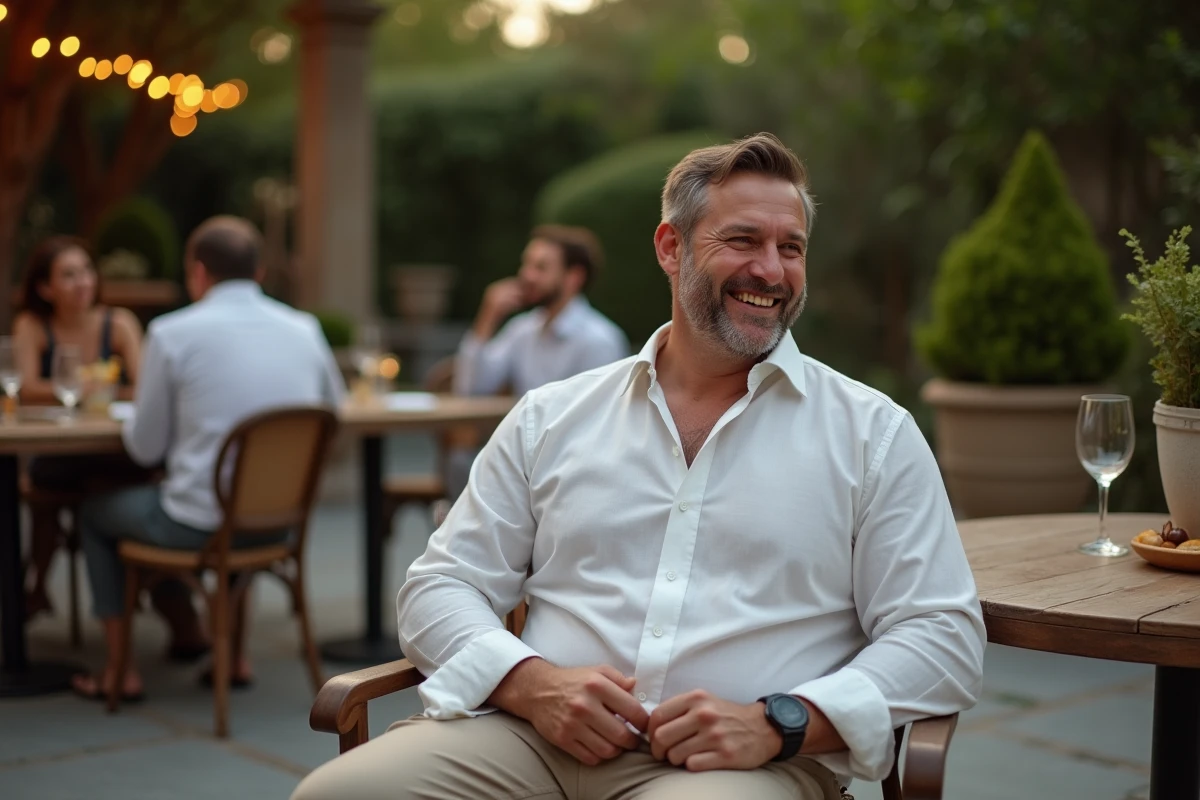 Homme plussize souriant dans un jardin lors d’un dîner en extérieur
