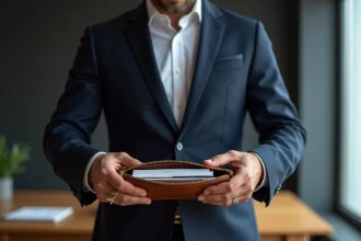 Homme en costume tenant une pochette en cuir marron ouverte avec cartes bancaires et documents