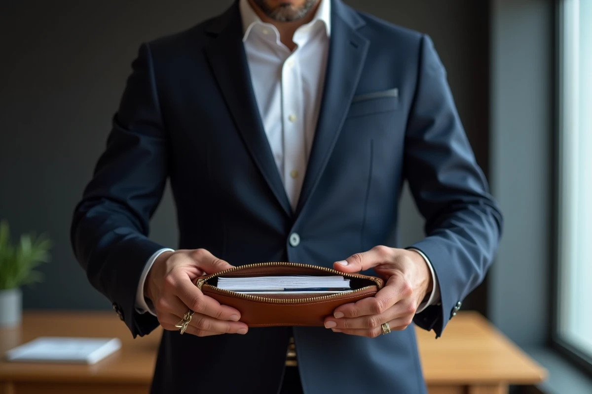 Homme en costume tenant une pochette en cuir marron ouverte avec cartes bancaires et documents