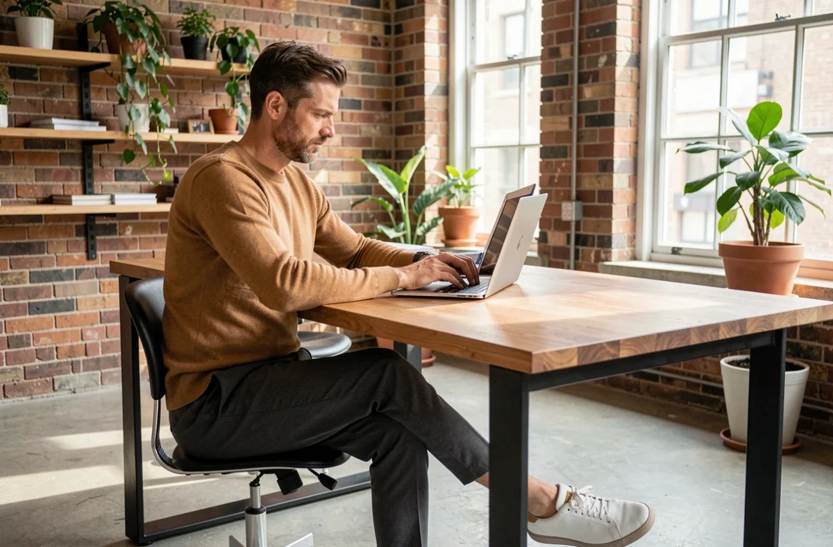 Homme en sarouel gris anthracite assis à un bureau créatif avec pull camel et sneakers blancs