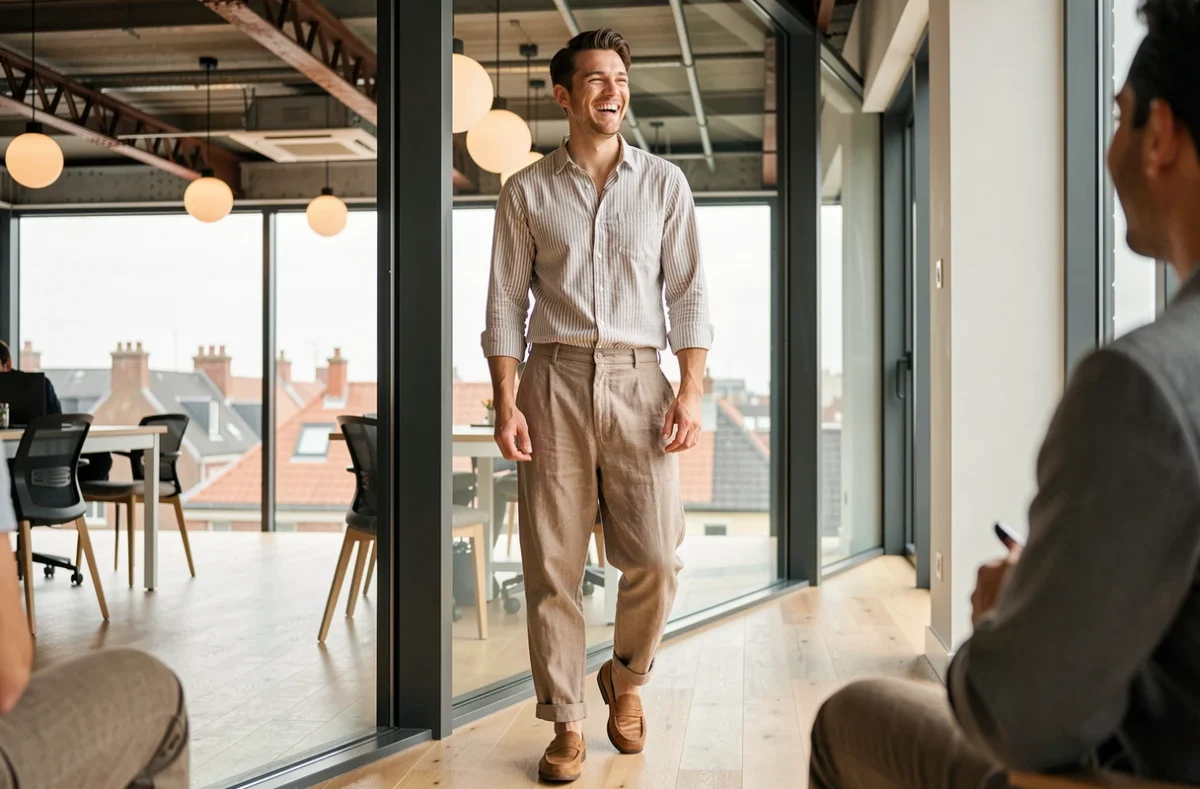 Jeune homme en sarouel taupe et chemise Oxford rayée dans un espace de coworking lumineux