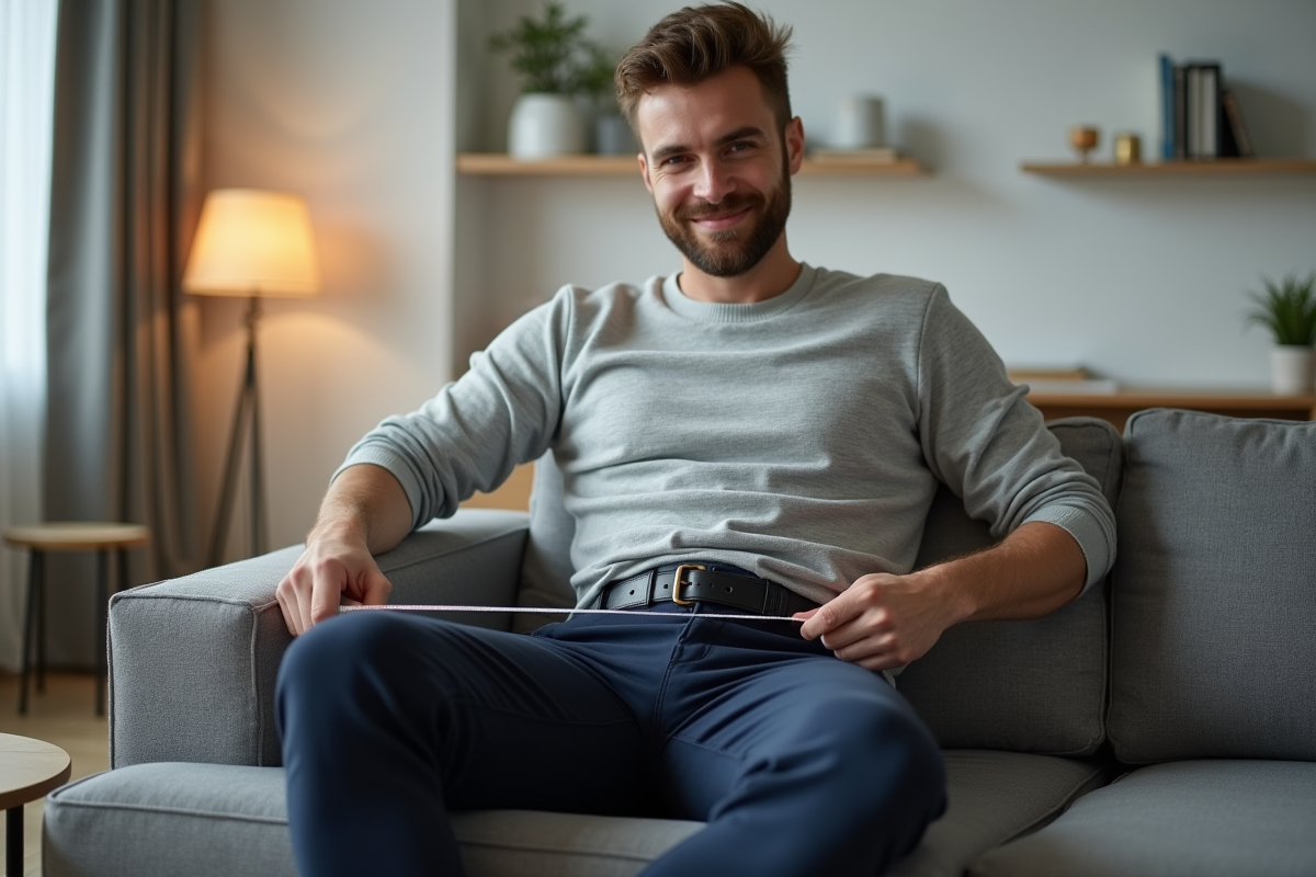 Homme assis montrant sa ceinture dans un intérieur cosy