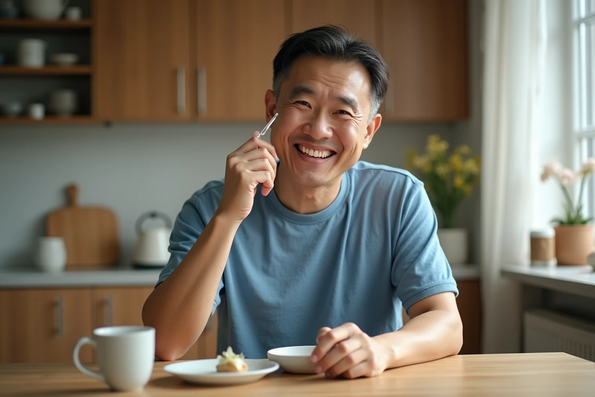 Homme asiatique appliquant serum dans la cuisine