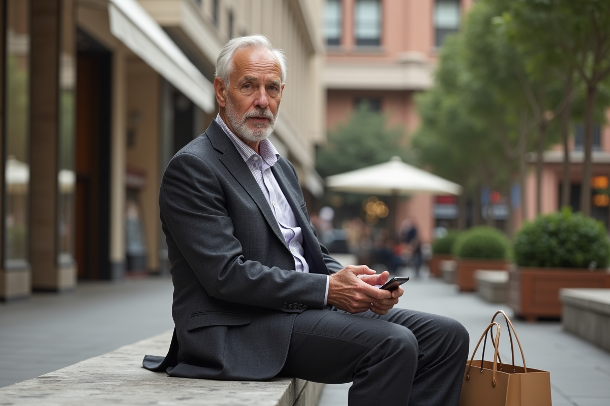 Homme d age assis dans une place urbaine chic