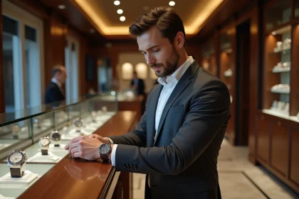 Homme &eacute;l&eacute;gant examinant une montre dans une boutique de luxe