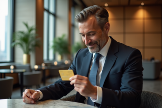 Homme en costume élégant examinant une carte de crédit or