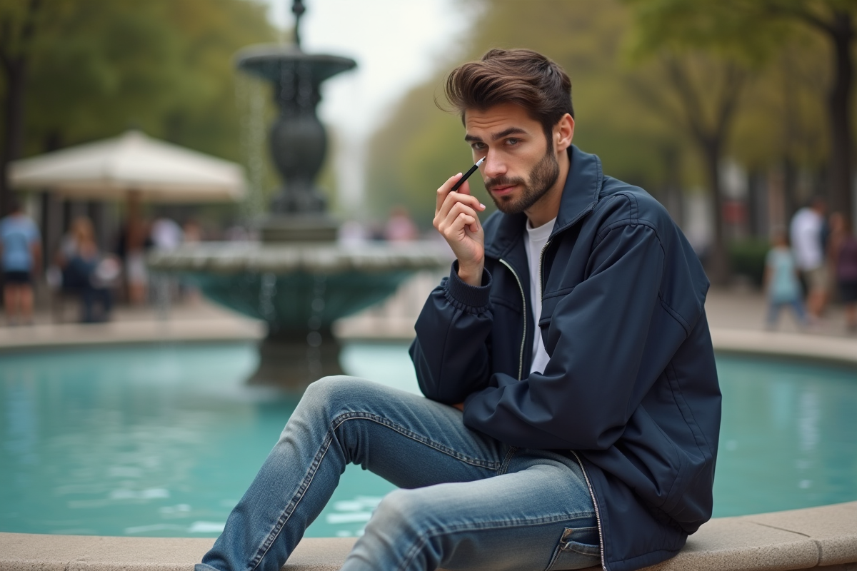 Jeune homme maquillant ses yeux dans un parc urbain