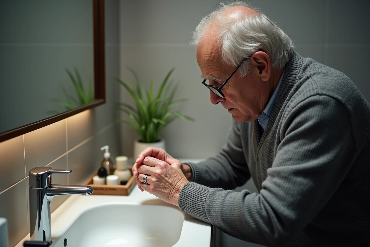 Homme &acirc;g&eacute; inspectant sa bague en argent pr&egrave;s du lavabo