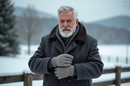 Homme &acirc;g&eacute; en hiver ajustant ses gants isolants dehors