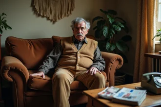 Homme d'âge moyen dans un salon vintage années 70