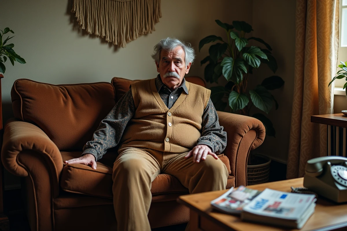 Homme d'âge moyen dans un salon vintage années 70