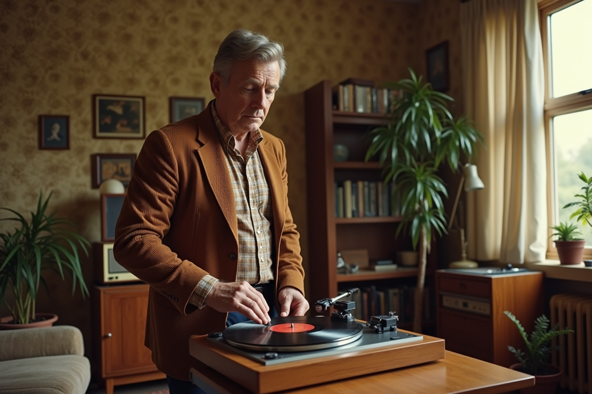 Homme ajustant un vinyle dans un salon vintage des années 1970