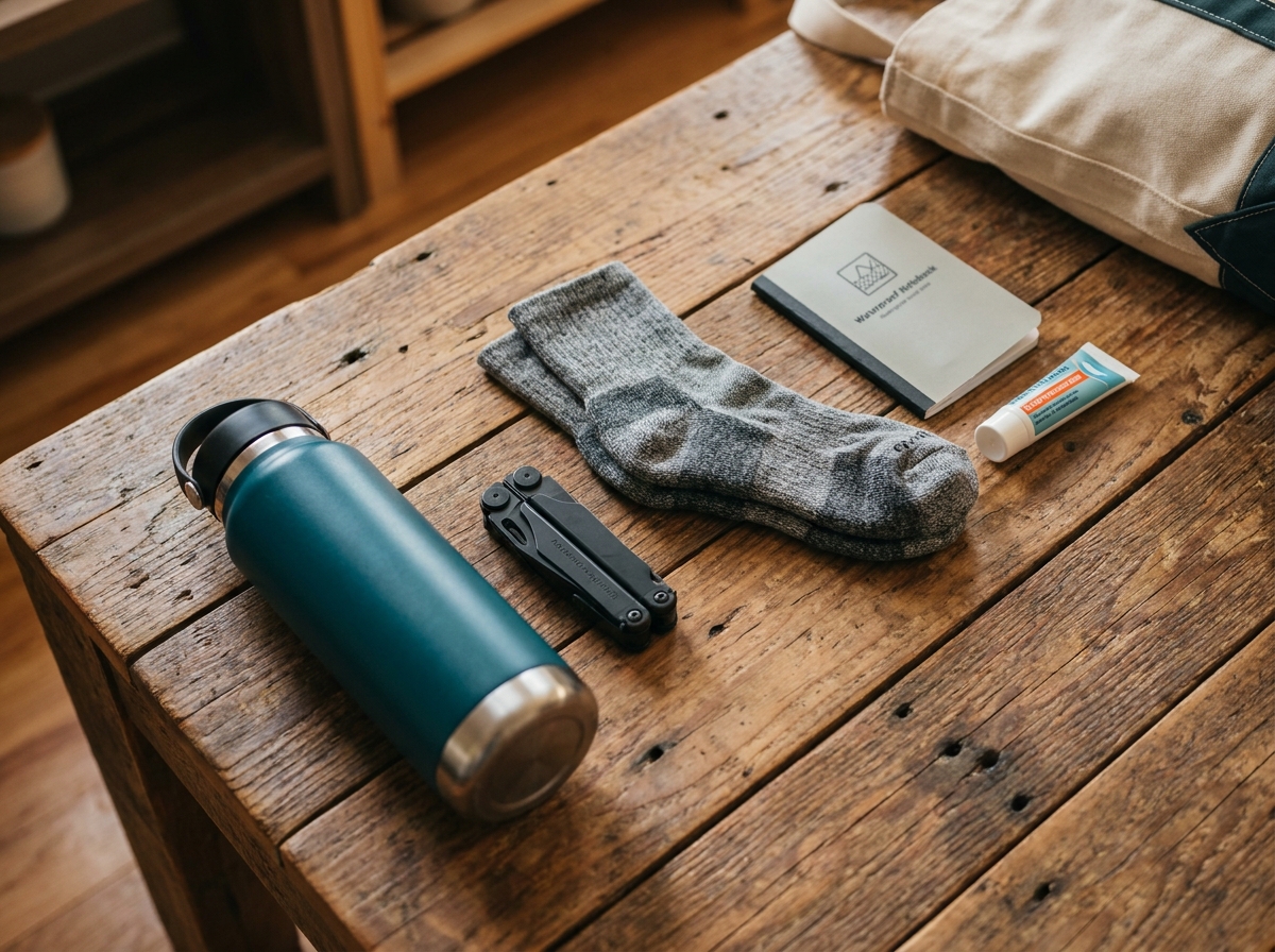Sélection de cadeaux pour passionnés de randonnée disposés en flat lay : gourde, multi-outil, chaussettes en laine mérinos et carnet étanche