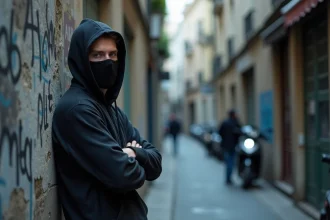Silhouette mystérieuse d'un artiste masqué dans une ruelle urbaine évoquant l'anonymat du rappeur Ziak