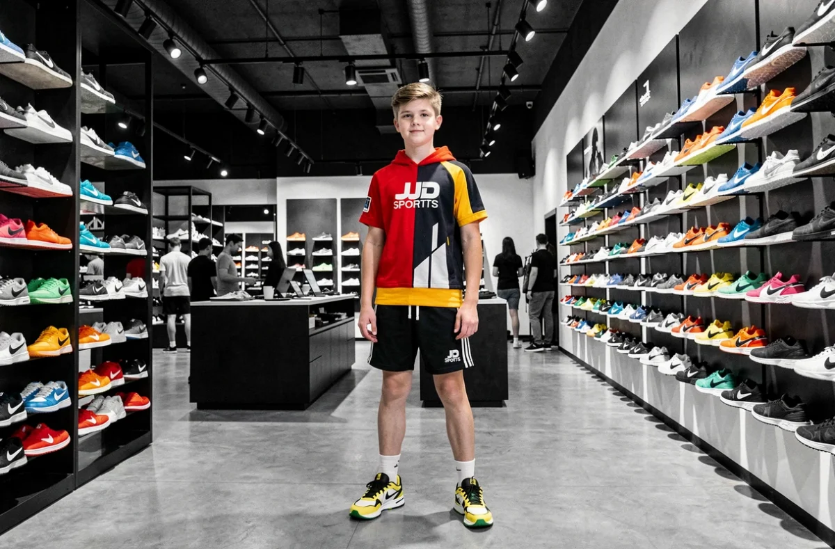 Adolescent en tenue de sport devant le mur de sneakers du JD Sports de Mulhouse