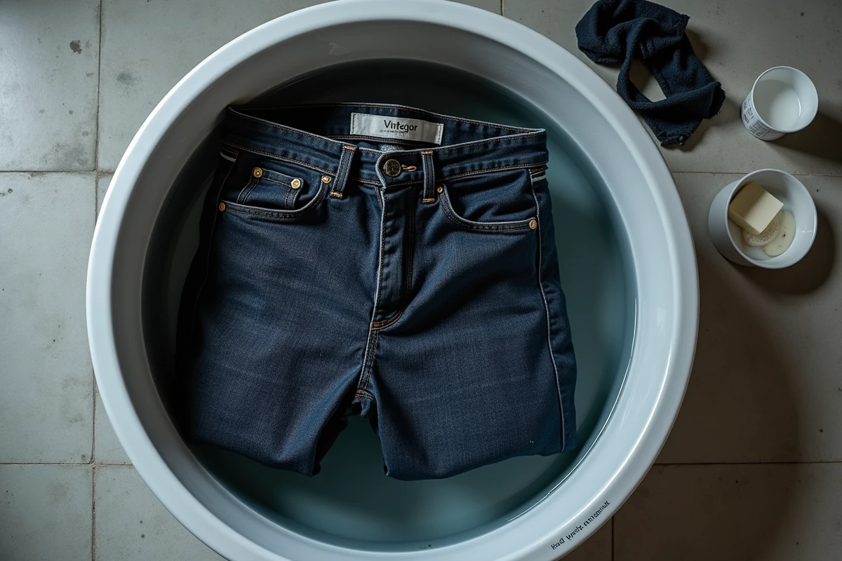 Jean noir qui dégorge dans un bac d'eau froide avec du vinaigre blanc pour fixer la teinture