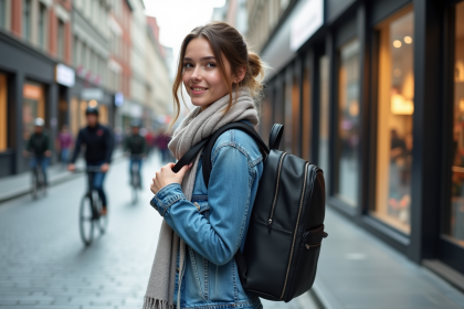 Jeune femme ajustant un sac &agrave; dos urbain dans la ville