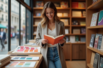 Jeune femme souriante choisissant un guide de couleurs à Paris