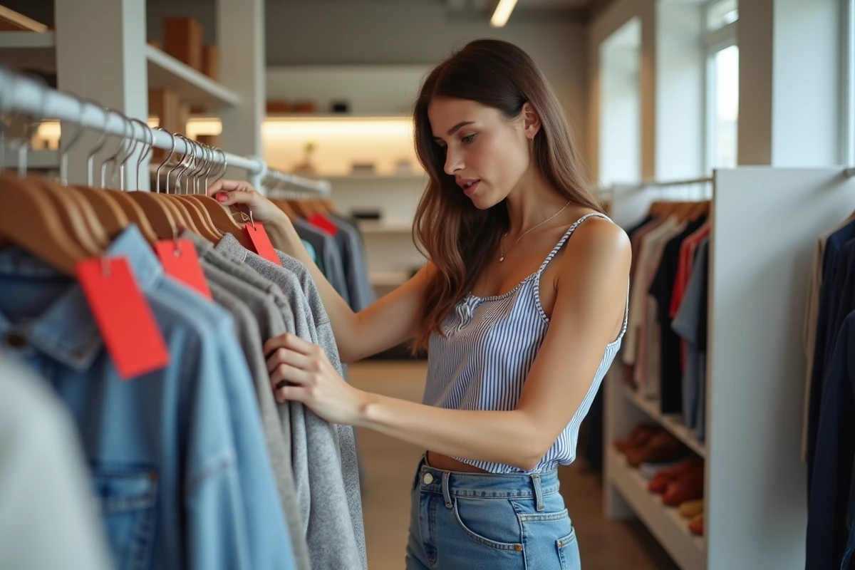 Jeune femme parcourant un portant de vêtements en promotion dans une boutique pendant les soldes 2026
