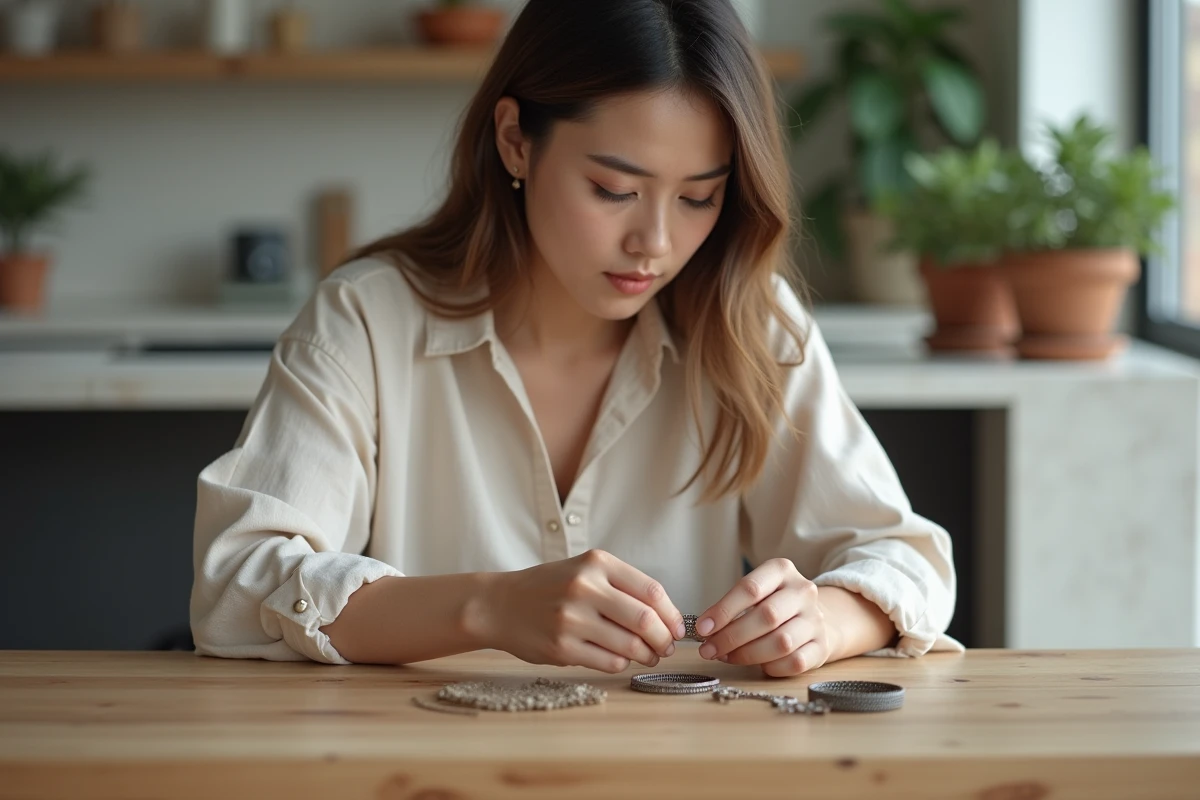 Jeune femme assemble un bracelet en acier dans un intérieur lumineux