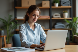 Jeune femme en bureau de mode avec ordinateur portable