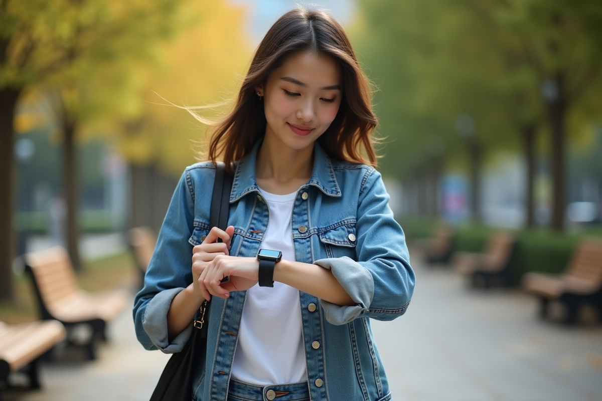 Jeune femme ajustant sa montre dans un parc urbain