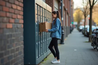 Jeune femme en denim retire un colis dans un casier urbain