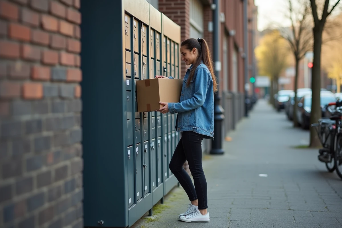Jeune femme en denim retire un colis dans un casier urbain