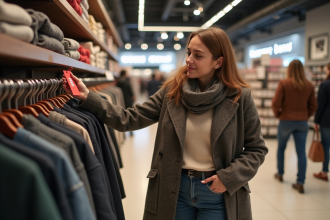 Jeune femme souriante examine une étiquette de soldes dans un grand magasin allemand