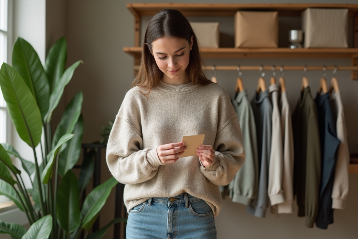 Jeune femme examine étiquette vêtement dans boutique écologique
