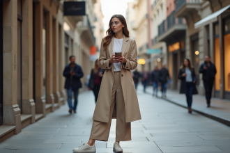 Jeune femme en trench beige dans une ville européenne