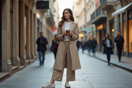 Jeune femme en trench beige dans une ville européenne