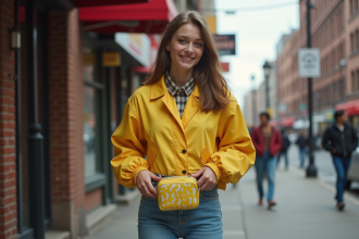 Jeune femme avec sac banane vintage dans la rue des années 80