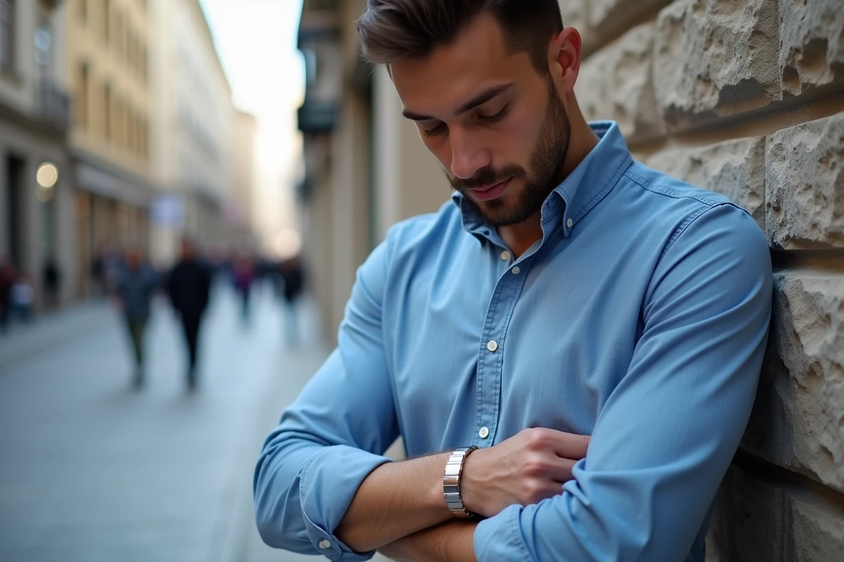 Jeune homme regardant son bracelet photo en extérieur